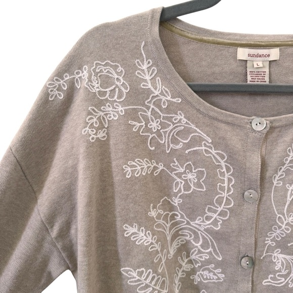 Sundance Embroidered Floral Tan 100% Cotton Cardigan Sweater Size Large - Picture 3 of 12